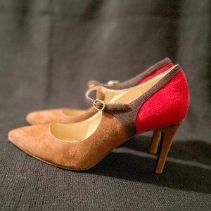Daphne Mary Jane Red & Brown Suede Pumps